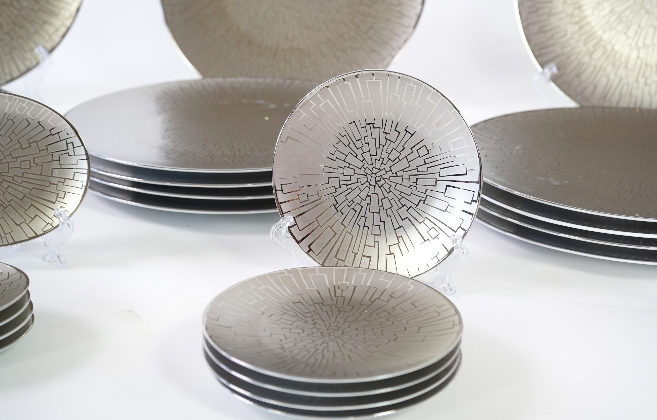 A collection of Rosenthal studio line TAC Gropius Skin platinum dinnerware, largest 33cm in diameter